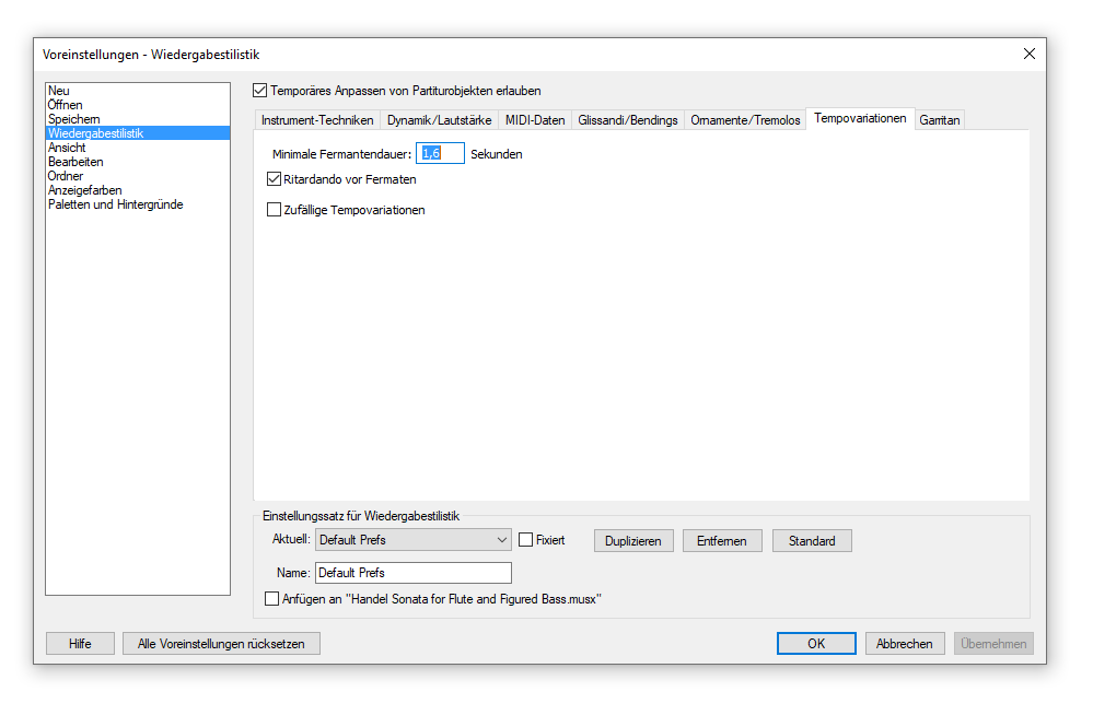 Dialogbox Einstellungen für Wiedergabestilistik – Tempo-Variationen